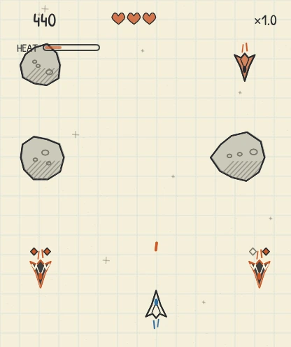 Little Beyond gameplay on Apple Watch, with pencil rocks, orange enemy ships and a small blue-cockpit ship